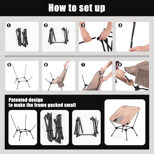 Ultralight Folding Camping Chair, 2-in-1 Height Adjustable, Square Frame for Stability, Quick Setup for Hiking Beach Fishing Motorcycle Travel - color: Khaki - Low Back