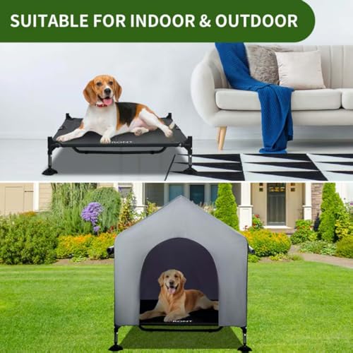 Summertrail 42" Large Dog House Outdoor Indoor with Breathable Mesh Windows-Elevated Dog Bed Cot Dog Tent Shade Shelter for Large Breeds with Canopy, Weatherproof Dog Kennel for Outside, Easy Clean - style: 42" Grey
