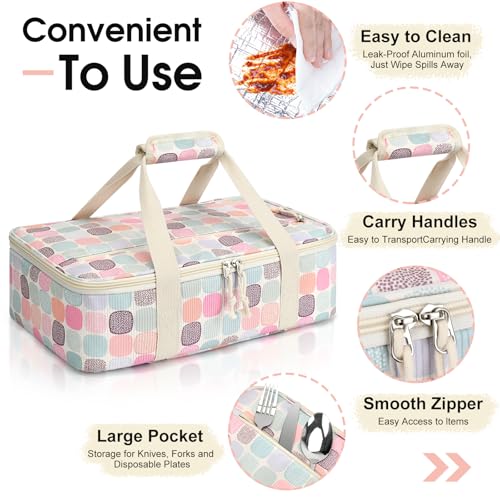 Corduroy Casserole Carrier, Insulated Lasagna Lugger for Hot/Cold Food, Fits 9" x 13" Baking Dish, Thermal Lunch Tote for Potluck & Picnic -Corduroy Colored Grid - color: Corduroy Colored Grid, size: 16x10x4 in