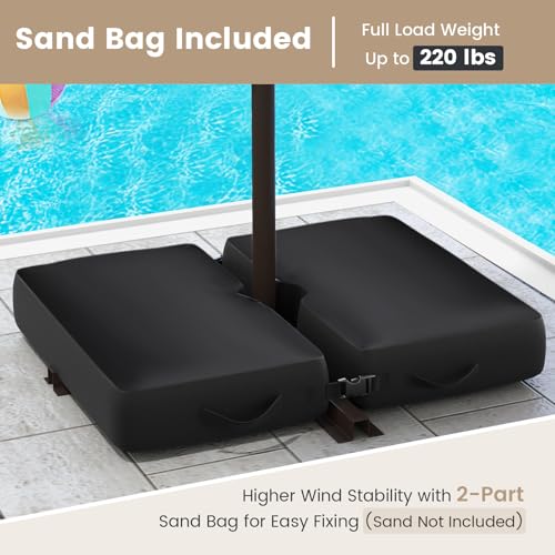 Tangkula 10FT Offset Patio Umbrella with Base Included, Outdoor Cantilever Umbrella with 40 Solar LED Lights, Tilt Adjustment, Crank Handle, Vented Top, Sand Bags for Pool Yard Deck (Tan) - color: Tan