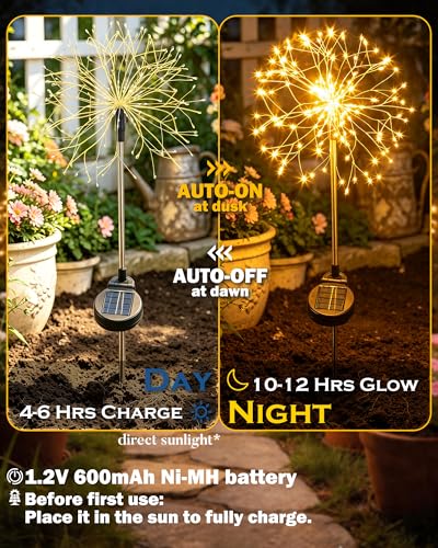 Solar Garden Lights Outdoor Yard Decorations, 2 Pack 150Leds Pathway Lights Stake, Fairy Firework Light for Garden, Patio, Pathway, Flowerbed Gold Color - color: Golden, size: 2 Pack
