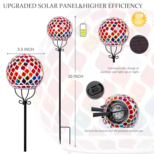 VCUTEKA Solar Outdoor Lights Garden Decor Mosaic Solar Garden Lights Waterproof Glass Ball LED Pathway Stake Light for Landscape Lawn Patio Yard Decoration 6 inch, Red - color: Red