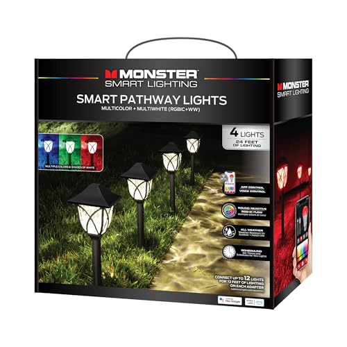 Monster Smart RGB+IC+WW Pathway Lights with 4 Dimmable LED Lights - Sound Reactive Garden Light, Weatherproof IP44 Outdoor Lighting - Compatible with Alexa, Google Assistant, Siri, Monster App