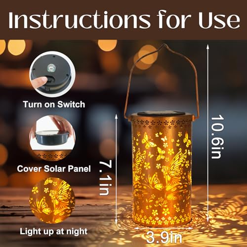 DIBIEECN Mothers Day Gifts for Mom, Birthday Gifts Grandma Ladies Solar Lanterns Outdoor Hanging Hollowed-Out Metal Waterproof LED Garden Decor Outside for Patio Yard Porch, Fairy, 1 Pack - style: Fairy
