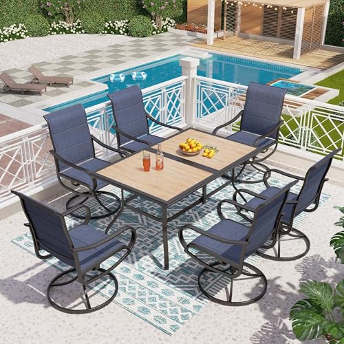 PHI VILLA 7 Piece Patio Dining Set, 6 Swivel Patio Chairs with Padded Textilene Fabric & Rectangular Dining Table (1.6" Umbrella Hole), All Weather Patio Chairs and Table Set for Deck Lawn (Blue) - color: Blue Padded Fabric, size: 59.6"L x 37.2"W x 28.7"H