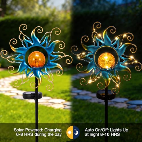 Solar Lights Outdoor Garden Decor, Blue Metal Sun Crackle Glass Globe Stake Waterproof 30LED Decorations Unique Gifts for Women,Mom,Outside, Patio,Lawn,Yard,Pathway - color: Sun Light