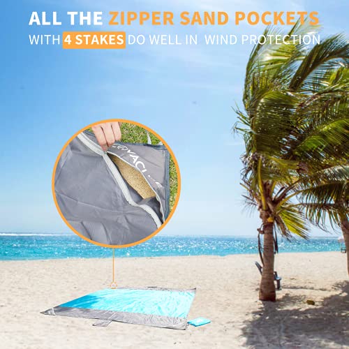 covacure Beach Blanket Waterproof Sandproof 79”X 83"- Large Beach Blanket Sandproof Fits for 4 Adults, Waterproof Beach Mat with 3 Zipper Pocket, Outdoor Beach Mat for Travel, Camping, Hiking - color: Blue 79"x 83"