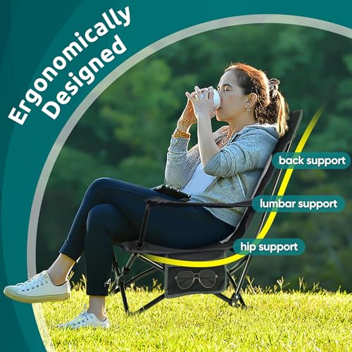 HaSteeL Folding Beach Chair Set of 2, Foldable Black Camping Chairs for Outside, Low Beach Chair Portable for Adults Fishing, Picnic, Outdoor BBQ, Travel, Sports, Cup Holder & Storage Bag - color: Black Chairs