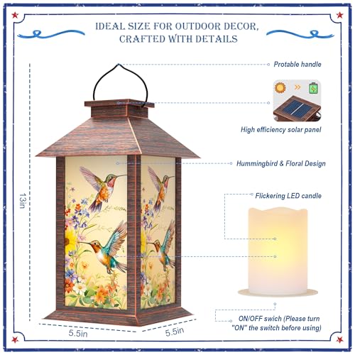 Hummingbird Solar Lanterns Outdoor Waterproof, Decorative Solar Lantern with Flickering LED Candle, 13 Inch Hanging Garden Lanterns for Patio Porch Yard Decor, Gifts for Women Mom Grandma, 1 Pack - size: Hummingbird 1 Pack