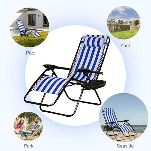 Nazhura Set of 2 Relaxing Recliners Patio Chairs Adjustable Steel Mesh Zero Gravity Lounge Chair Beach Chairs with Pillow and Cup Holder (Navy Blue Stripe) - color: Navy Blue Stripe