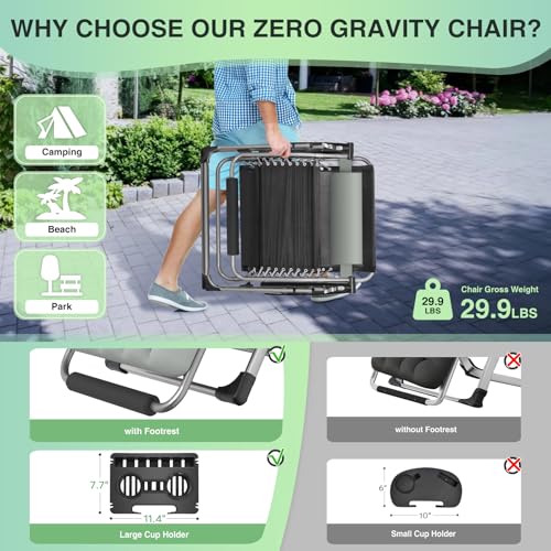Suteck Oversized Zero Gravity Chair, 29In XL Outdoor Recliner Chair w/Removable Cushion&Headrest, Camping Lounge Chair w/Upgraded Lock&Footrest, Reclining Patio Chairs for Indoor Outdoor,500LBS - color: Cloud Gray, size: XL 29 Inch