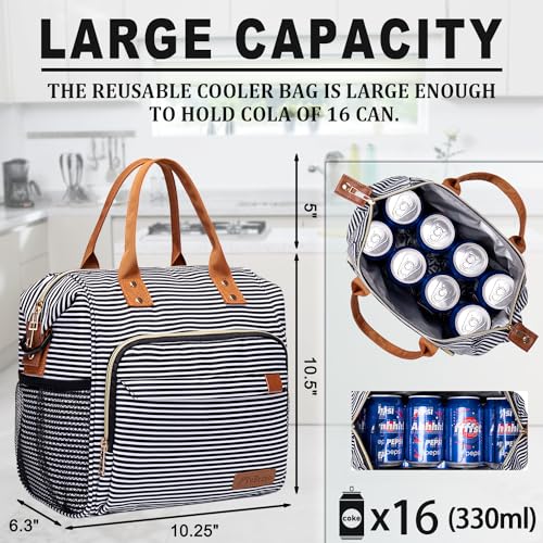 TuErCao Lunch Bag Women Insulated Lunch Box for Work Leakproof Soft Cooler for Picnic Travel Road Trips, Loncheras para Mujer Adult, Stripes - color: A4: Black White Stripes, size: Large
