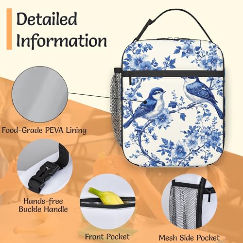 Insulated Small Lunch Box,Blue Birds Reusable Lunch Bag for Kids Adult Women,Vintage Flower Large Capacity Portable Thermal Bag with Mutiple Pockets for School,Work,Picnic - color: Blue Birds