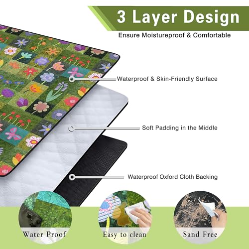 Supfitness Extra Large Picnic Blankets Waterproof Foldable (80 "x 80") Beach Blanket Waterproof Sandproof,3-Layer Thicking Mat Outdoor Packable Camping Blanket - color: Flower-1, size: 6'8" x 6'8" (Square)