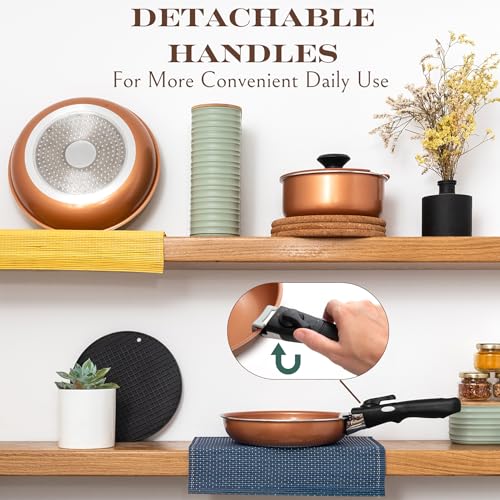Moss & Stone Copper Pots And Pans Set Nonstick, Removable Handle Cookware, Stackable Pots And Pans Set, Dishwasher safe, Induction Pots And Pans, Camping Cookware Set, Aluminum (7 Pcs) - size: 7 Pcs Copper