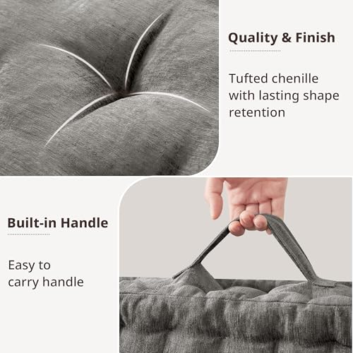 Intelligent Design Large Floor Pillow for Adults Yoga or Meditation Cushion with Handle, Floor Cushion for Board Games, Lustrous Chenille Tufted, Handsewn Scalloped Edge, Azza, 24" x 24" x 5" Charcoal - color: Square Charcoal With Handle, size: 24"W x 24"