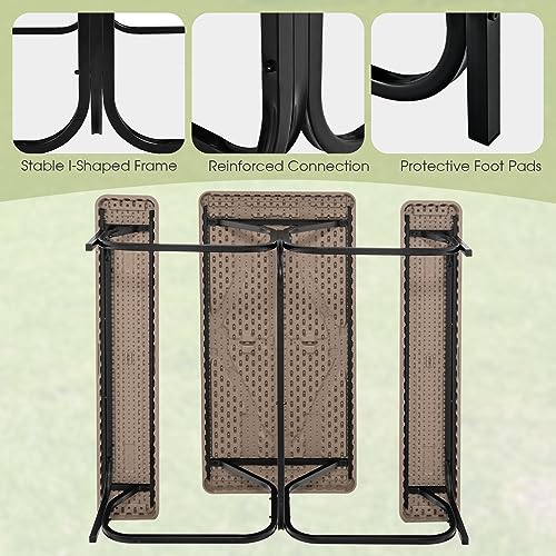 Moccha Picnic Table Bench Set, Portable Plastic Picnic Table w/Steel Frame & Wood-Like Texture, All Weather Heavy Duty Picnic Table Kit, Picnic Tables for Outdoors Garden Patio Dining (Light Brown) - color: Light Brown