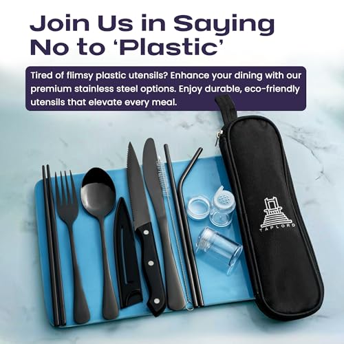 Taplord Portable Travel Silverware Set With Case, Includes 10 Pcs of Travel Utensils With Case, Stainless Steel Flatware Set For Camping, Lightweight (Black) - color: Black, size: 10 Pieces