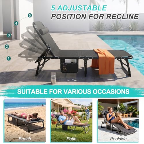 ABORON 3-in-1 Folding Patio Lounge Chair, 440LB Heavy-Duty Tri-Fold Guest Bed with Plush Cotton Cushion, No Assembly Adjustable Recliner for Office Nap, Patio Sunbathing, Poolside & Camping - color: Warm Copenhagen