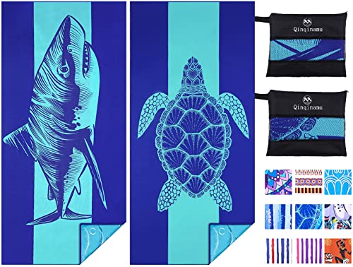2 Pack Microfiber Lightweight Beach Towel 71"x32" Oversized Extra Large Thin Sand Free Towels Travel Swim Pool Yoga Gym Camping for Adults Women Men Beach Essentials Accessories Vacation Gift - color: 2 Pack Turtle Shark