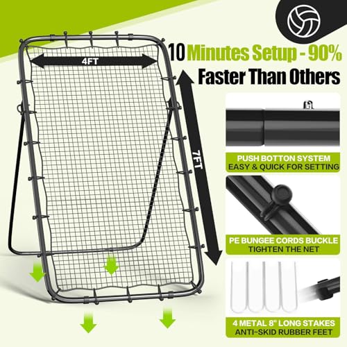 Volleyball Rebounder Net 7x4 Ft, 5-Angle Adjustable Rebounder Net for Practicing Digging, Setting, Spiking, Bounce Back Training Equipment with 2 Target Stripes & Portable Travel Bag for Storage - color: NET101-Black