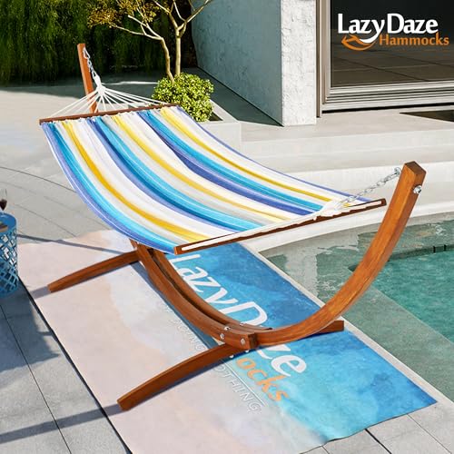 Lazy Daze Hammocks Cotton Fabric Spreader Bar Hammock and 10.5 Ft Wood Arc Hammock Stand Combo, for Outdoor, Indoor, Patio, Backyard, Blue and Yellow - color: Blue and Yellow