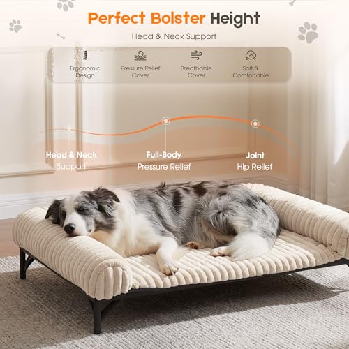 Elevated Dog Bed with Removable Fluffy Pillow Cushion, Raised Pet Cot Washable Bolster, Dog Couch Sofa, Anti Slip Feet, Breathable Mesh, Cream, 49"×36" - color: cream, size: Xl(49"×36"×8")
