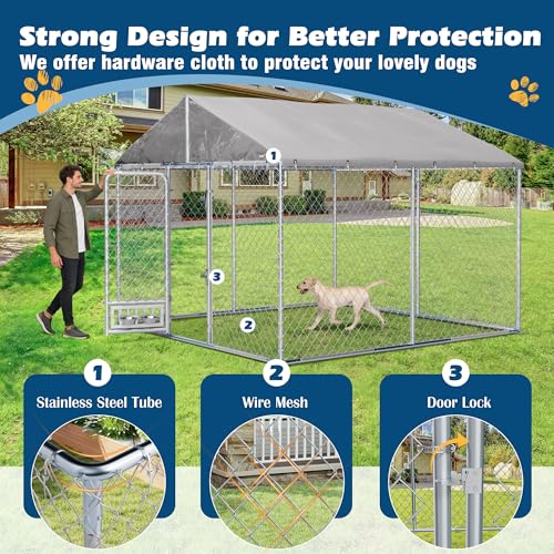 10ft×10ft Outdoor Large Dogs Kennels Enclosure - Outside Dog Cage with Waterproof roof Cover, Galvanized Steel Dogs House Fence Playpen with Rotating Feeders for Patio Backyard Farm Gardens - size: 118.0"L x 118.0"W x 83.0"H