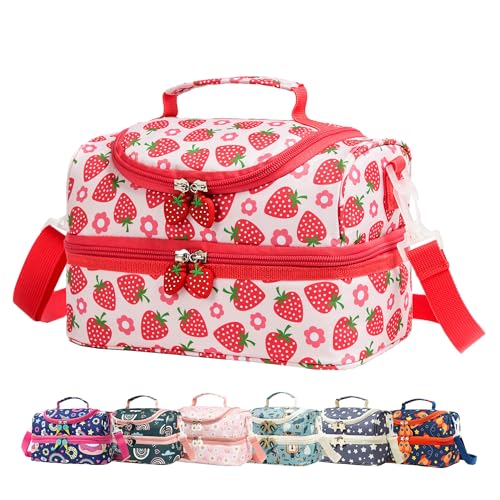 Insulated Kids Dual Compartment Lunch Bags Tote for Girls Boys Toddler Lunch Boxes Pre-School Toddler Kindergarten Picnic Camp Food Cooler Thermal with Strap (Bright Strawberry) - color: Bright Strawberry