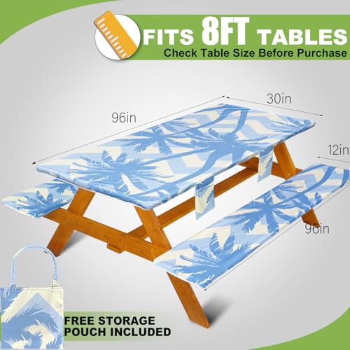 Fitted Picnic Table Cover with Bench Covers, Windproof Vinyl Table Cloths Outside Camping Cooking Backyard Furniture Seat Cushion Tablecloth Activities Party Decor Decorations Para Acampar Equipment - color: Blue Coconut Tree, size: 96in
