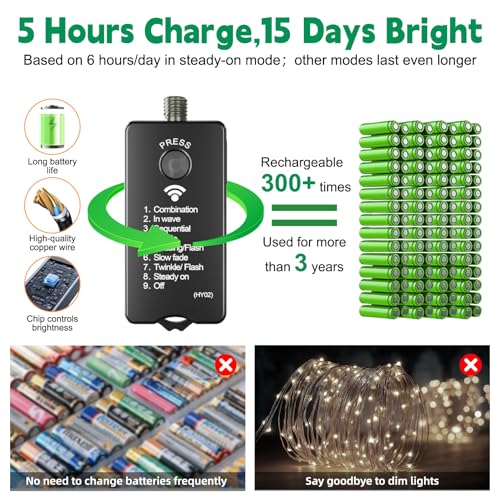 HXWEIYE Rechargeable Fairy Lights with Remote, 2 Pack 33ft 100LED Twinkle Lights with DIY Timer & Light Sensor, Waterproof Outdoor String Lights for Bedroom Patio Christmas Tree Decor, Green - color: Green, size: 100 LEDs - 2Pack