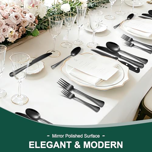 24-Piece Black Silverware Set with Steak Knives Black Stainless Steel Flatware Set for 4 Food Grade Tableware Cutlery Set Rust-proof, Mirror Polished, Dishwasher Safe