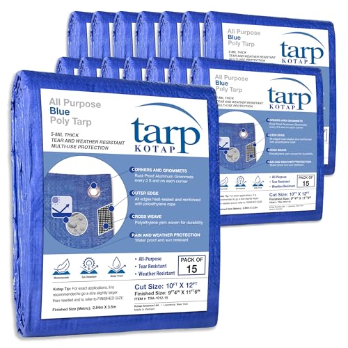 KOTAP All-Purpose Multi-Use 5-mil Poly Tarp, Blue, Cut Size 10 x 12 ft./Finished Size 9 ft. 4 in. X 11 ft. 6 in., TRA-1012-15, Waterproof - color: Blue, size: 10 x 12 Ft., (15-Pack)