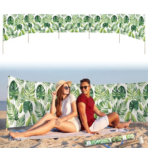 Cinnvoice 20ft Palm Beach Windscreen Set Long Privacy Screen with 6 Hardwood Poles Rubber Mallet and Carry Bag Portable Beach Fence Wind Blocker for Summer Outdoor Sand Wind Protection - style: Palm