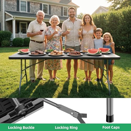 Allpop 6Ft Folding Table for Indoor Outdoor, Fold-in-Half Portable Plastic Dining Table with Carrying Handle for Picnic Party Camping, Black - color: Black, size: 6 Ft
