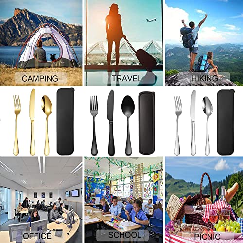 Portable Utensils Set with Case,Reusable Office Flatware Set,Healthy Travel Cutlery Set 3 PCs Stainless Steel Fork, Spoon,Knife Cutlery Ideal for Travel, Lunch Box and Camping (Gold-3PCs) - color: Gold - 3 PCs