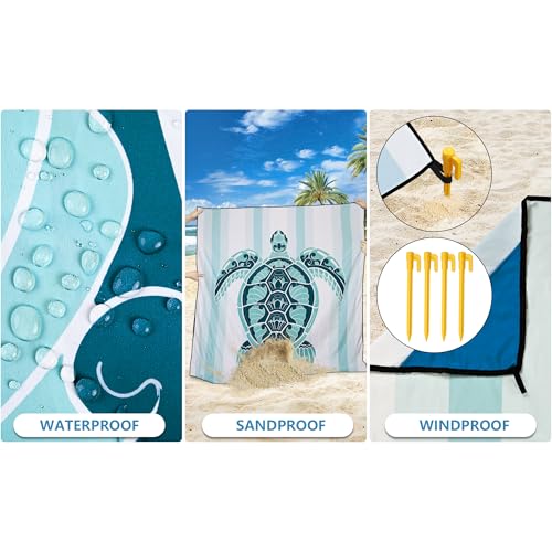 HIHOHO Beach Blanket Waterproof Sandproof Beach Mat 79”x 83” for 1-8 Adults Quick Drying Durable Outdoor Picnic Mat for Beach Festival Travel Camping Hiking (GN-Stripes Seaturtle, 79"×83"(4 Person)) - color: Gn-stripes Seaturtle, size: 6'11" x 6'7"
