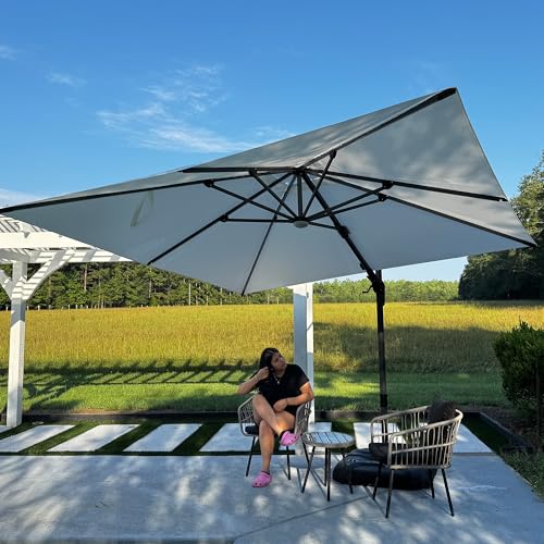PURPLE LEAF 10 Feet Patio Umbrella Outdoor Cantilever Solar Powered LED Swivel Square Umbrella Aluminum Offset Umbrella with 360-degree Rotation for Garden Deck Pool Patio White - color: White, size: 10' X 10', style: Left-right Tilt（LED）