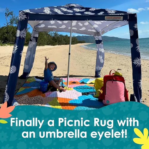 Rudie Nudie Jumbo Beach Mat with Umbrella Hole, 6'7" x 6'7" Waterproof Sandproof Picnic Blanket, Large Foldable Sand Free Beach Blankets for Park, Outdoor Portable Picnic Mat for Grass, Sand & Lawn
