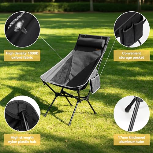 TOBTOS Portable High Back Camping Chair, Support 440 lbs, Ultralight Folding Chair with Head Support, Compact Backpacking Chair for Outdoor Camp Backpacking Fishing (Black) - color: Black-highback