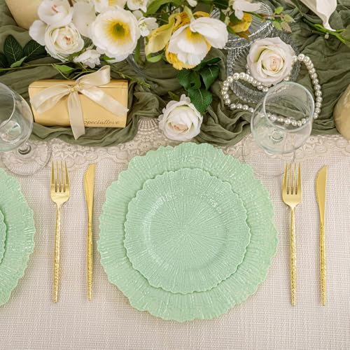 DaYammi 60 PCS Green Plastic Plates,Reef Plate Disposable & Reusable-Heavy Duty Plastic Plates for Party Including 30 Dinner Plate, 30 Dessert Plate,Green Disposable plates for Dinner Parties - color: Green