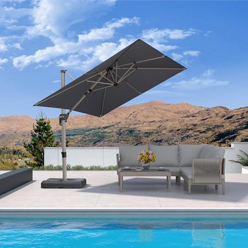 PURPLE LEAF 8’ X 8‘ Patio Umbrella Outdoor Cantilever Umbrella, Aluminum Offset Umbrella with Champagne Frame and 360° Rotation for Pool Deck Garden, Light Grey - color: Light Grey, size: 8' x 8'