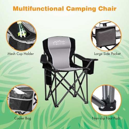 Camping Chair Portable Folding Outdoor Chair Heavy Duty Padded Chairs Lawn Chair with Cup Holder, Storage Pocket and Cooler Bag, Supports 500 LBS, Black - color: Black