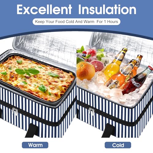 Double Insulated Casserole Carrier, Portable Casserole Carrier for Hot or Cold Food Lunch Tote Warmer or Cooler Bag, Lasagna Lunch Bag for Potluck Parties- Fits 9" x 13" Baking Dish-Blue Stripes - color: Blue Stripes, size: 16x10x7.2 in