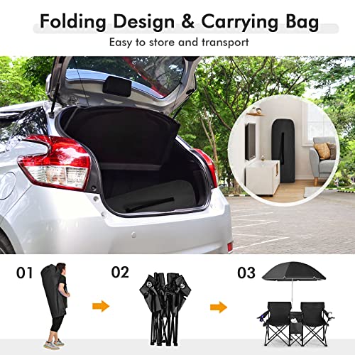 COSTWAY Double Portable Picnic Chairs, Folding Camping Chairs w/Detachable Umbrella, Cooler Bag, Cup Holders, Patio Beach Camping Chairs for Outdoors - color: Black