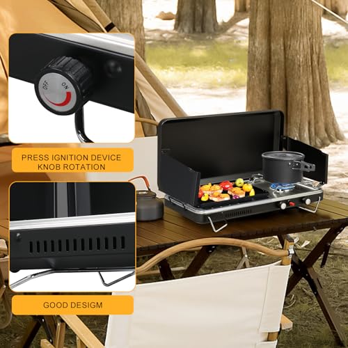 Bonnlo 2-in-1 Camping Stove with Propane Griddle, 15000 BTU Portable Gas Stove with Auto-Ignition, Foldable Windshield & Carry Handle, Camp Stove for Outdoor Cooking, BBQ, Frying, Camping, Tailgating