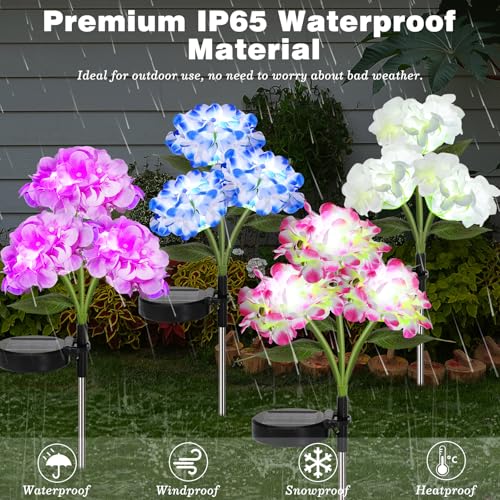 Lewondr 4 Pack Solar Garden Lights, Solar Flowers Lights with 4 Blooming Hydrangea Flowers, Waterproof Solar Lights Outdoor for Yard Porch Patio Backyard Pathway Gardening, 2 Lighting Modes, Colorful - size: 4 Pack, style: Hydrangea