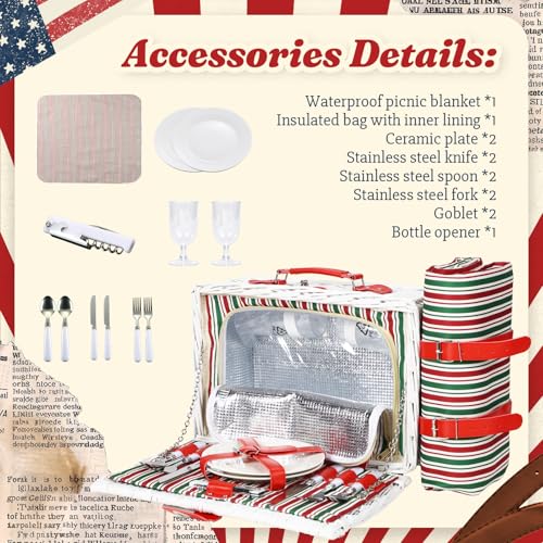 Wicker Picnic Basket for 2 with Waterproof Picnic Blanket and Insulated Bag Red and Green Color Scheme for Soccer Game, Camping, Travel, Birthday Gift, Wedding Gift - color: Classic Red and Green Stripes