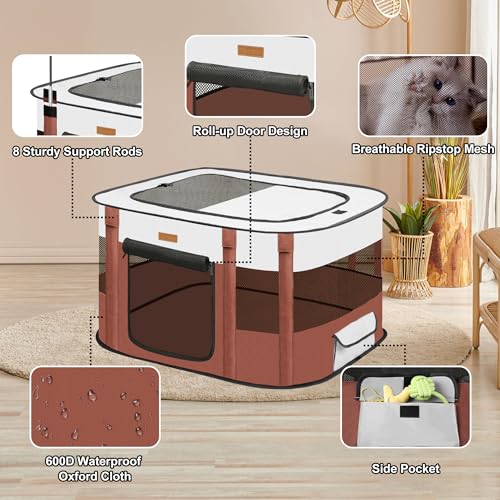 Dog Playpen - Foldable Cat Play Pens for Pubby, Kitten, Rabbit, Portable Pet Tent with Carring Bag for Indoor/Outdoor Travel Camping Brown X-Large - color: Brown, style: X-Large