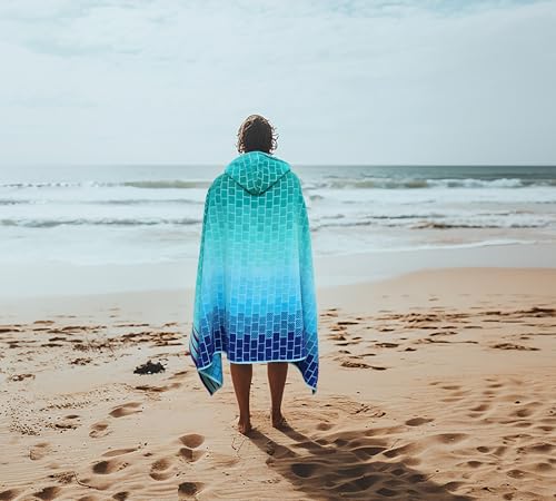 COTTON CRAFT Hooded Beach Towel – Oversized 39 x 68 Towel with Hood for Adults - 100% Cotton Velour Terry Jacquard Towel - Pool Bath Wrap - 450 GSM Soft Absorbent Quick Dry – Blue Tiles - color: Blue Tiles, size: 1 Pack - 39x68 Hooded